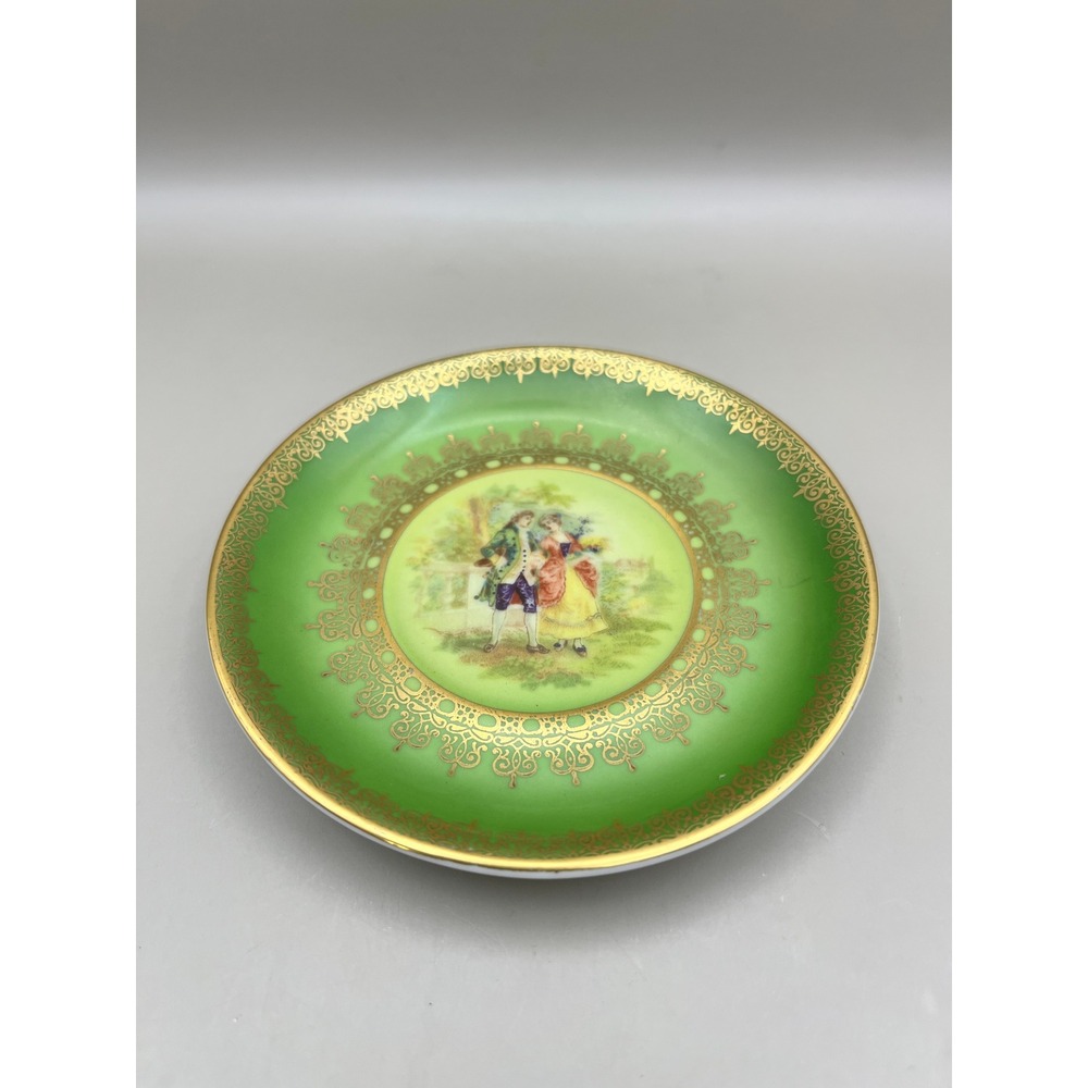 Bavaria Germany Vtg Green Gold Filigree Courting Couple Saucer Plate 4.25in